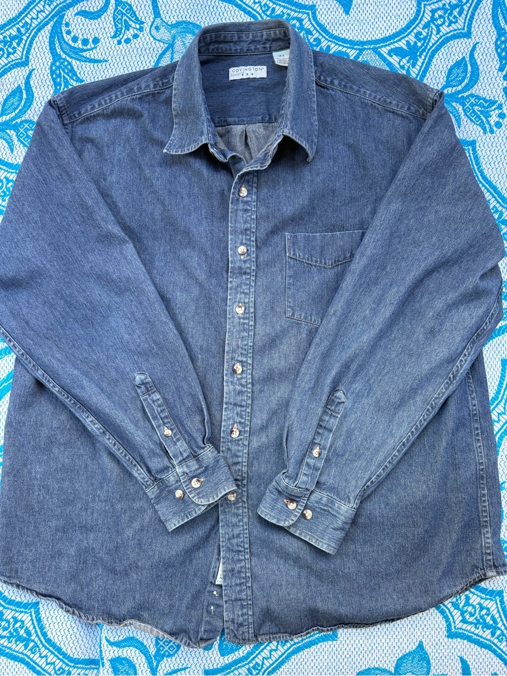 Covington Men's XL Denim Chambray Button Up Shirt Long Sleeve Blue 100% Cotton